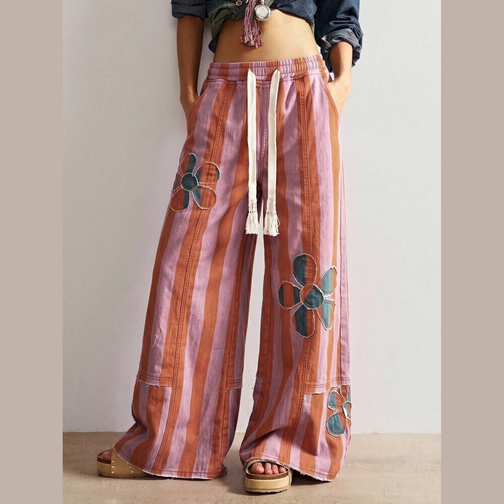 Pink Orange Striped Floral Applique Wide Leg Denim Jogger Pants